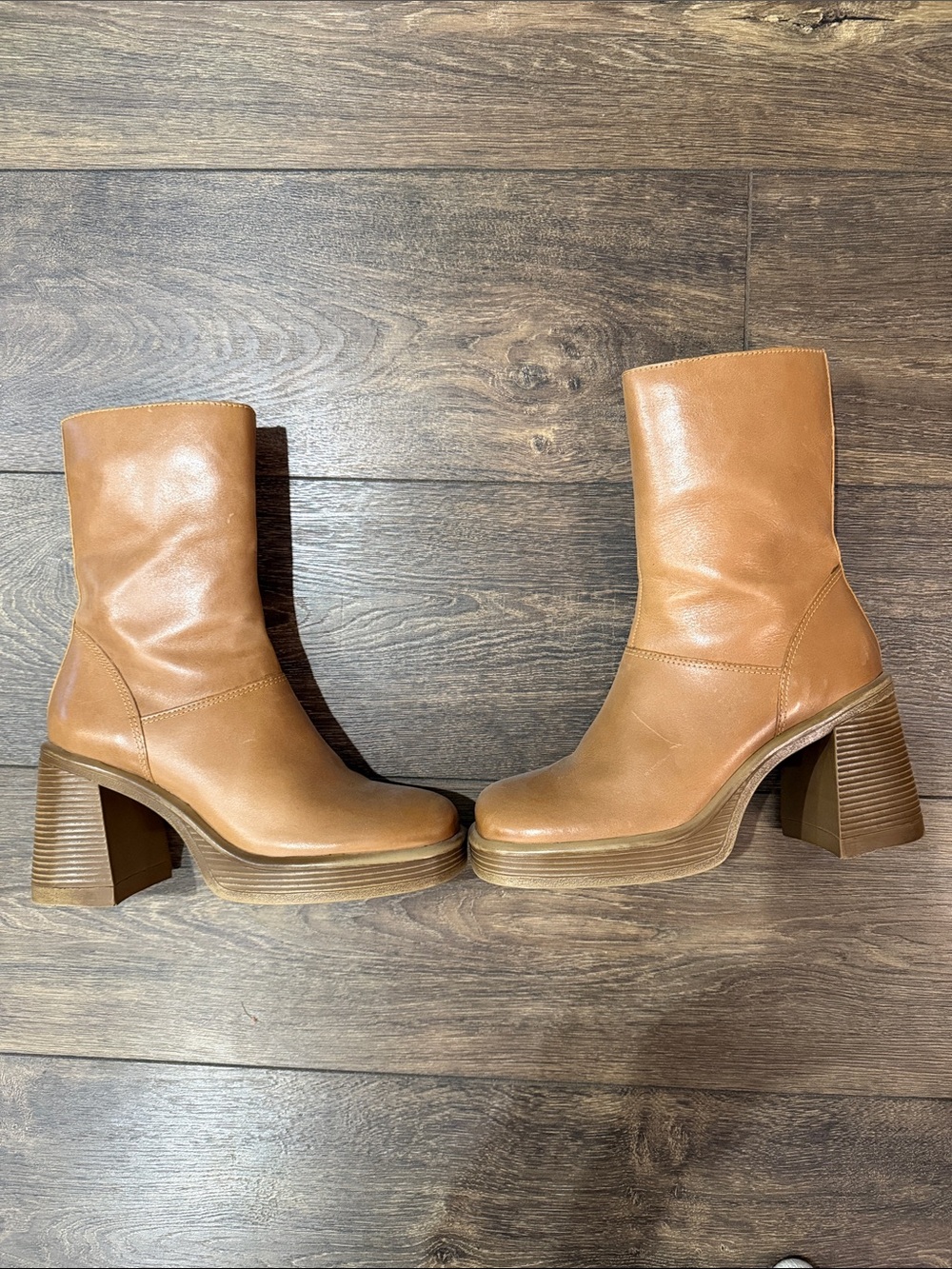 Steve Madden Tan Leather Mid-Calf Block Heel Boots
